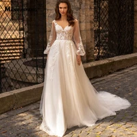 elegant v neck full lantern sleeve embroidery appliques tulle bridal ball gown 2021 hot sale chapel train button wedding dress