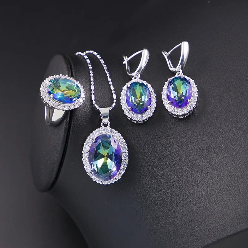 Silver 925 Classic Jewelry Sets For Women Blue Rainbow Sapphire Topaz Amethyst Morganite Bridal Necklace Earrings Ring | Украшения и