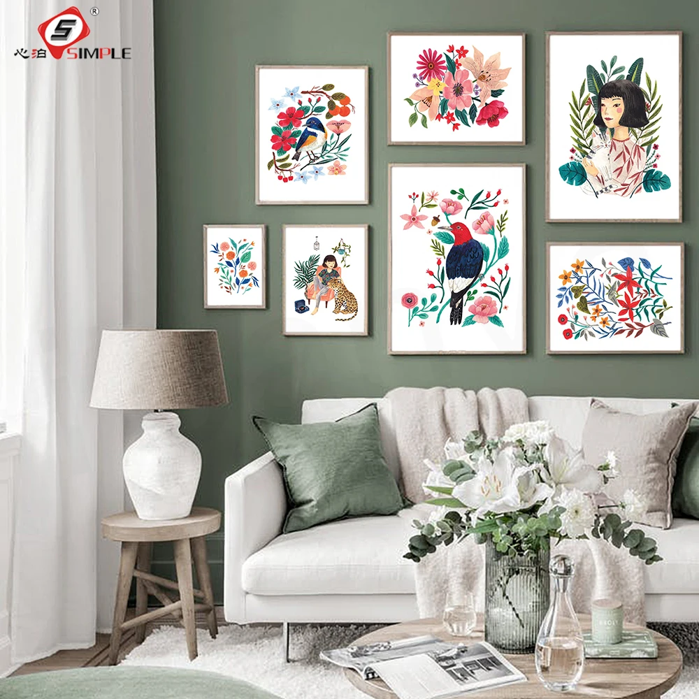 

Watercolor Posy Leaves Floral Wall Art Posters Jaguar Woodpecker Canvas Painting Girl Ploypisut Pictures Print Livingroom Decor