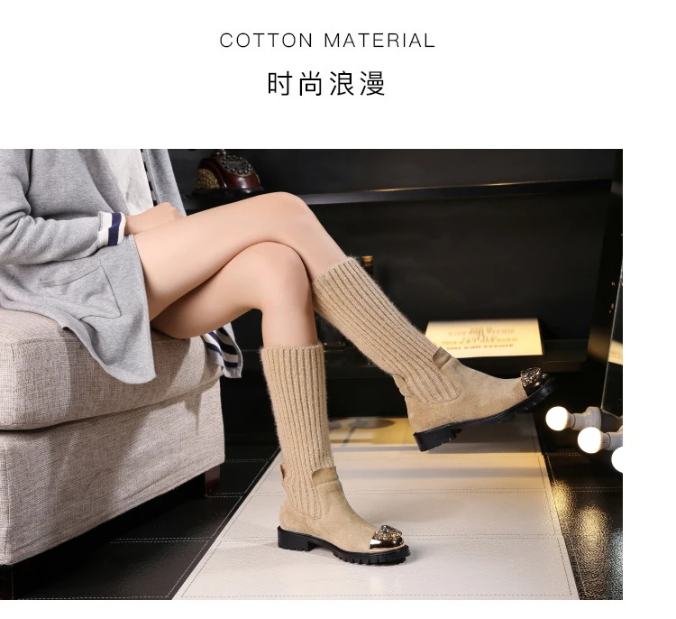 Botas Mujer; зимние вязаные сапоги; женские сапоги до середины икры; Bota Feminina; обувь со стразами; женские эластичные сапоги; Botines Mujer; коллекция года; Zapatos De Mujer