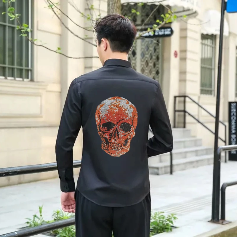 

Autumn High-End Men's Trend Outdoor Hot Drilling Long Sleeve Lapel Shirt Black And White Exquisite Exclusive High Quality Fabric