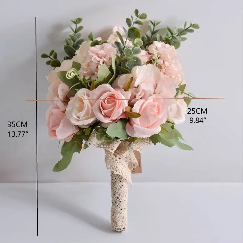 

Wedding Bridal Bouquet Handmade Artificial Rose Eucalyptus Leaves Bridesmaid Holding Flowers for Party Home Table Decor