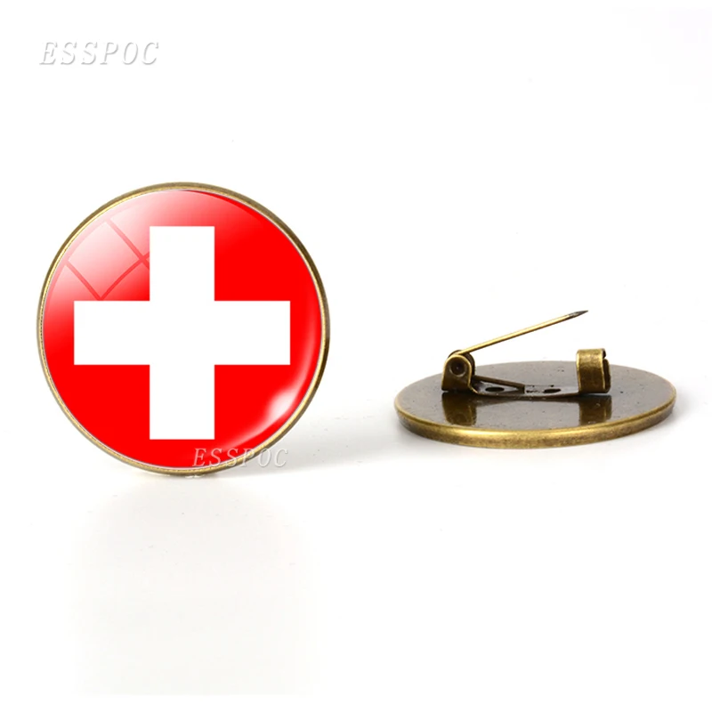 Switzerland Центральная Европа: Австрия Польша Германия Швейцария Броши с флагом стеклянные купольные украшения бронзовая брошь булавки Национальный день подарки - Окраска металла: Switzerland