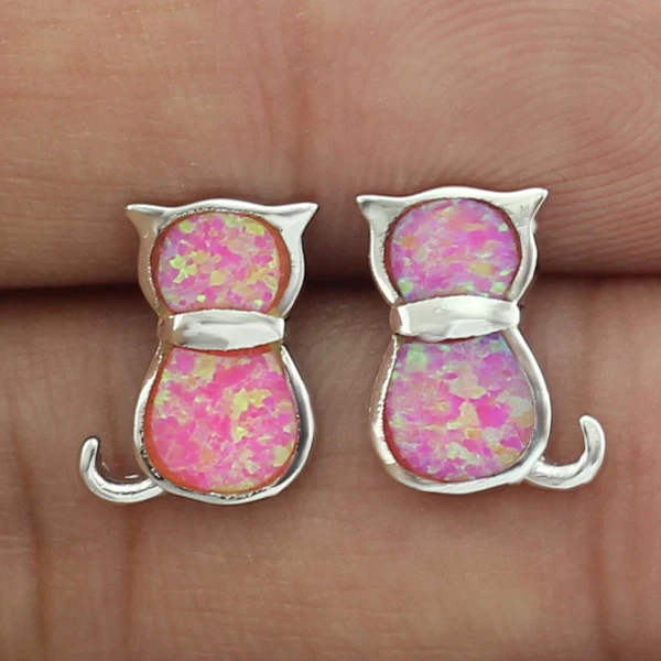 

Tiny Lovely Cat Pink Fire Opal Silver Plated Ear Stud Earrings for Women Girls OE238