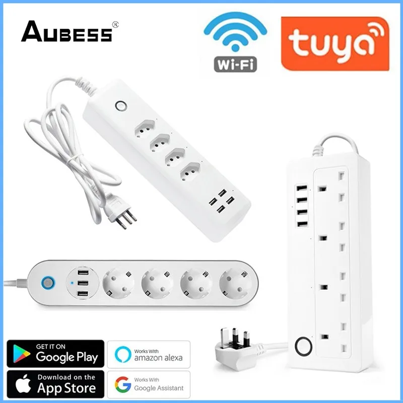 

Aubess EU UK BR Wifi Smart Power Strip,4 Outlets 3USB Charging Port,10A Plug Socket Timer Tuya App Voice Control With Alexa