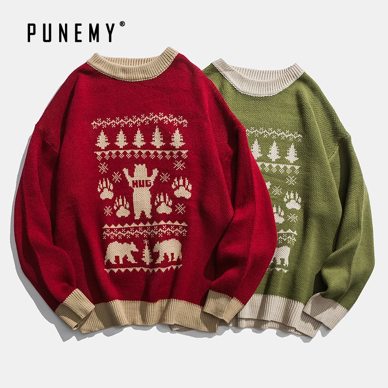 Мужские свитера ретро рисунок на рождественскую тематику акрил оверсайз хип хоп