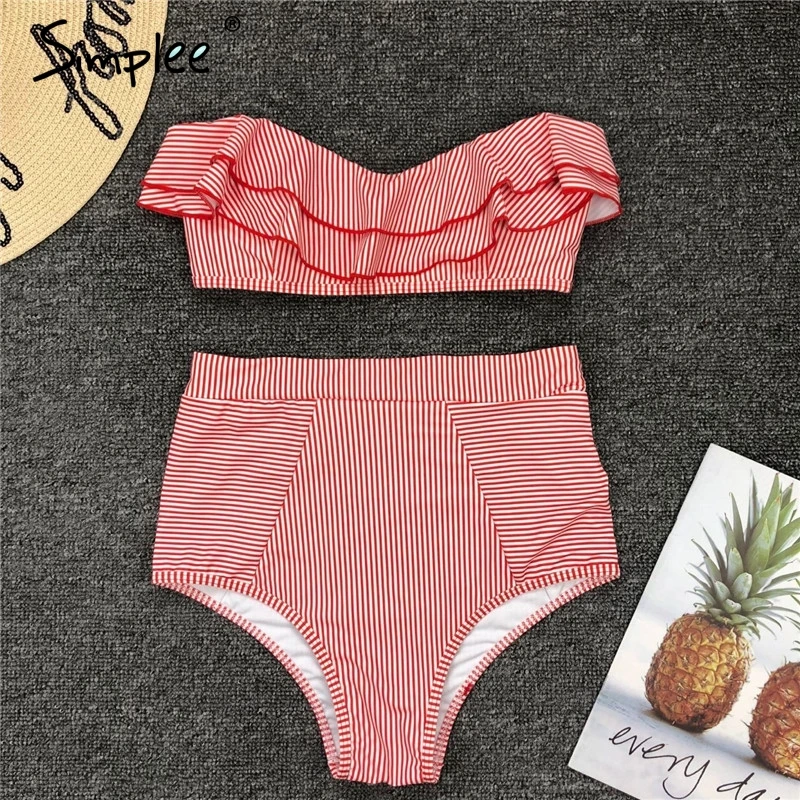 Набор бикини пуш-ап Simplee с рюшами в полоску для женщин Лето 2019 пляжный женский