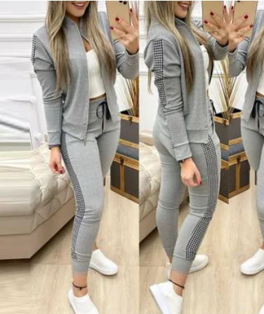 

Женский комплект с длинным рукавом, клетчатые лоскутные брюки с кулиской и Джек, удобный осенний костюм, 2022