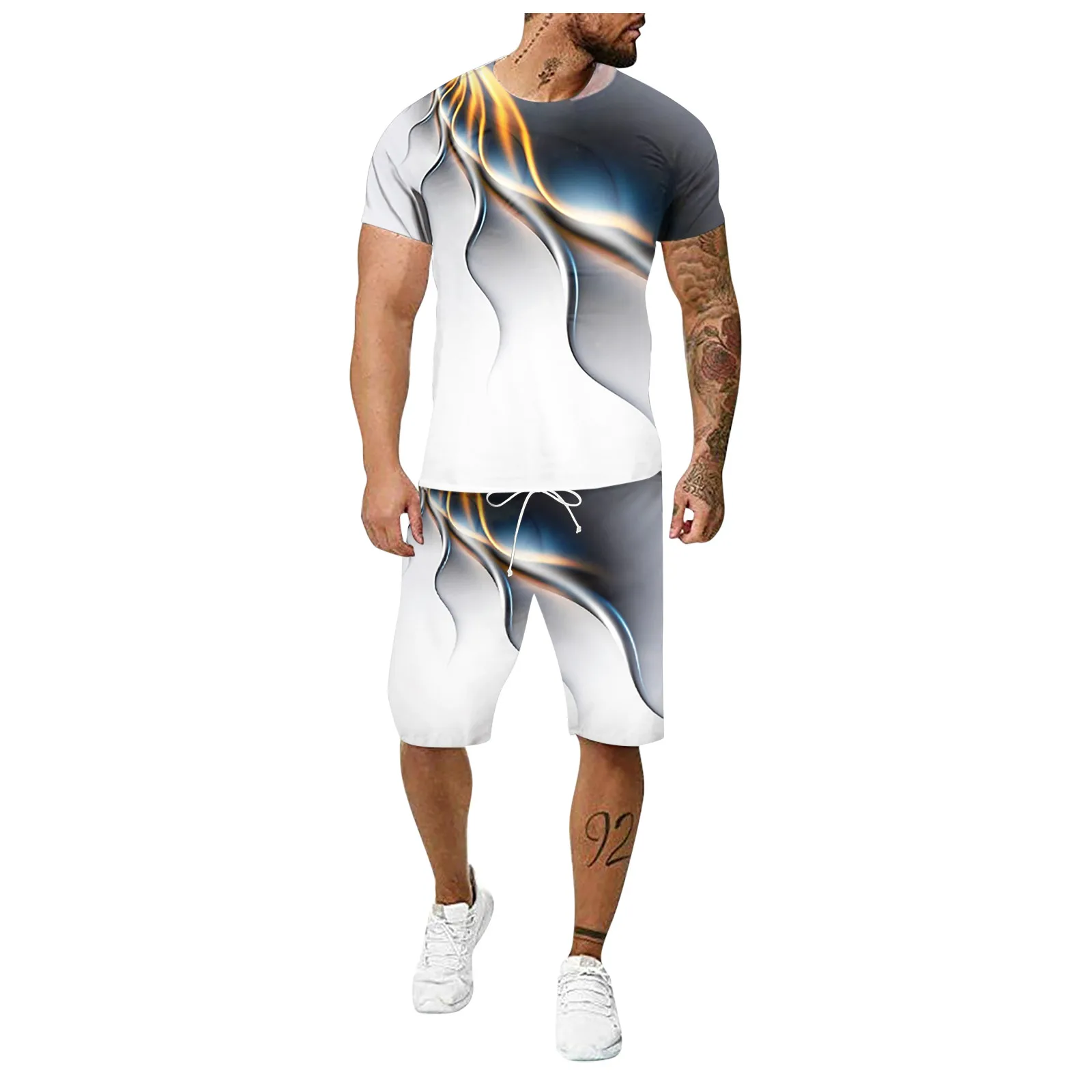 

Summer Mens Leisure Sets New 3D Inkjet Printed Fashion Boardsuit Beach Short Sleeve Blouse Drawstring Fitness Sport Shorts A50