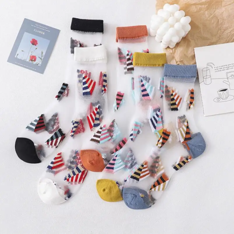 5 Pairs Girls Heart Daisy White Cotton Thin Glass Ankle Socks Fashion Summer Crew Sock Women Transparent Crystal Ankle Socks
