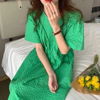 korean elegant green folds sundress womens summer 2022 new o neck loose waist puff short sleeve maxi dresses female vestidos
