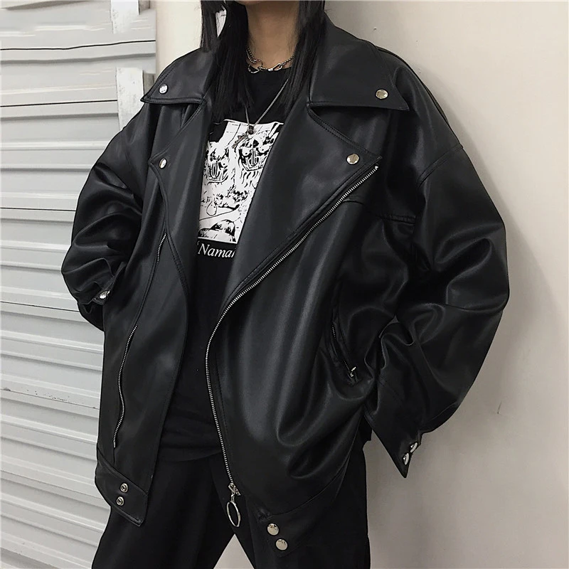 

IEFB /men's wear 2021 Autumn fashion new streetwear Black PU Leather oversize Jacket Loose Zipper Korean hip hop coat 9Y1188