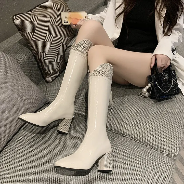

New Hot Women High Keen Boots Patent Leather Waterproof Knee High Boots White Red Party Fetish Boot Women's Shoes Autumn Winter