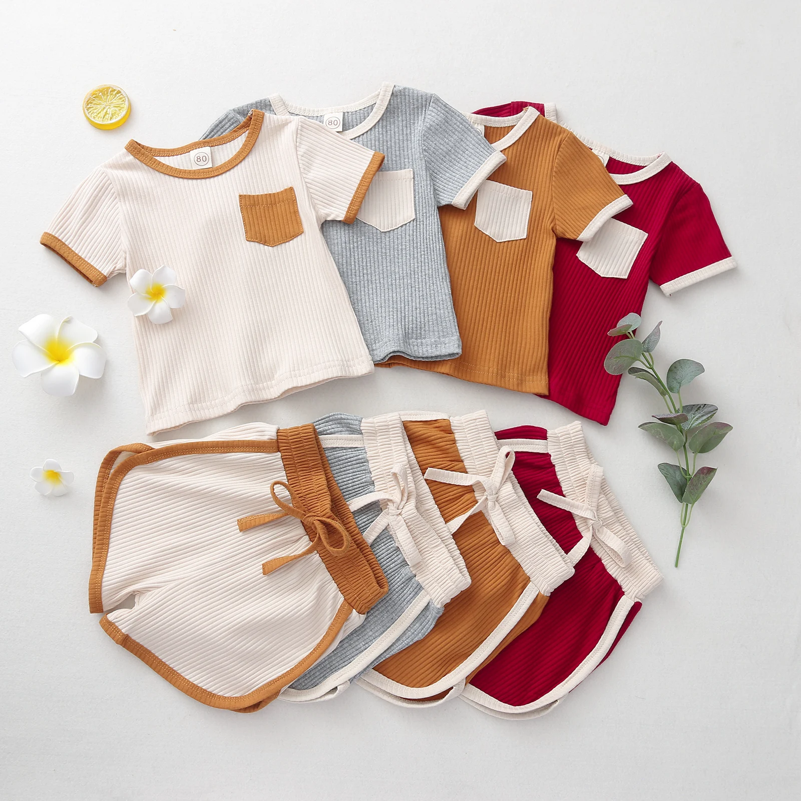 

Summer Kids Baby Girls Boys 2-piece Outfit Set Short Sleeve Top+Shorts Set Casual Clothes Pocket Tops Shorts 2pcs 0-4Y 4 Colors