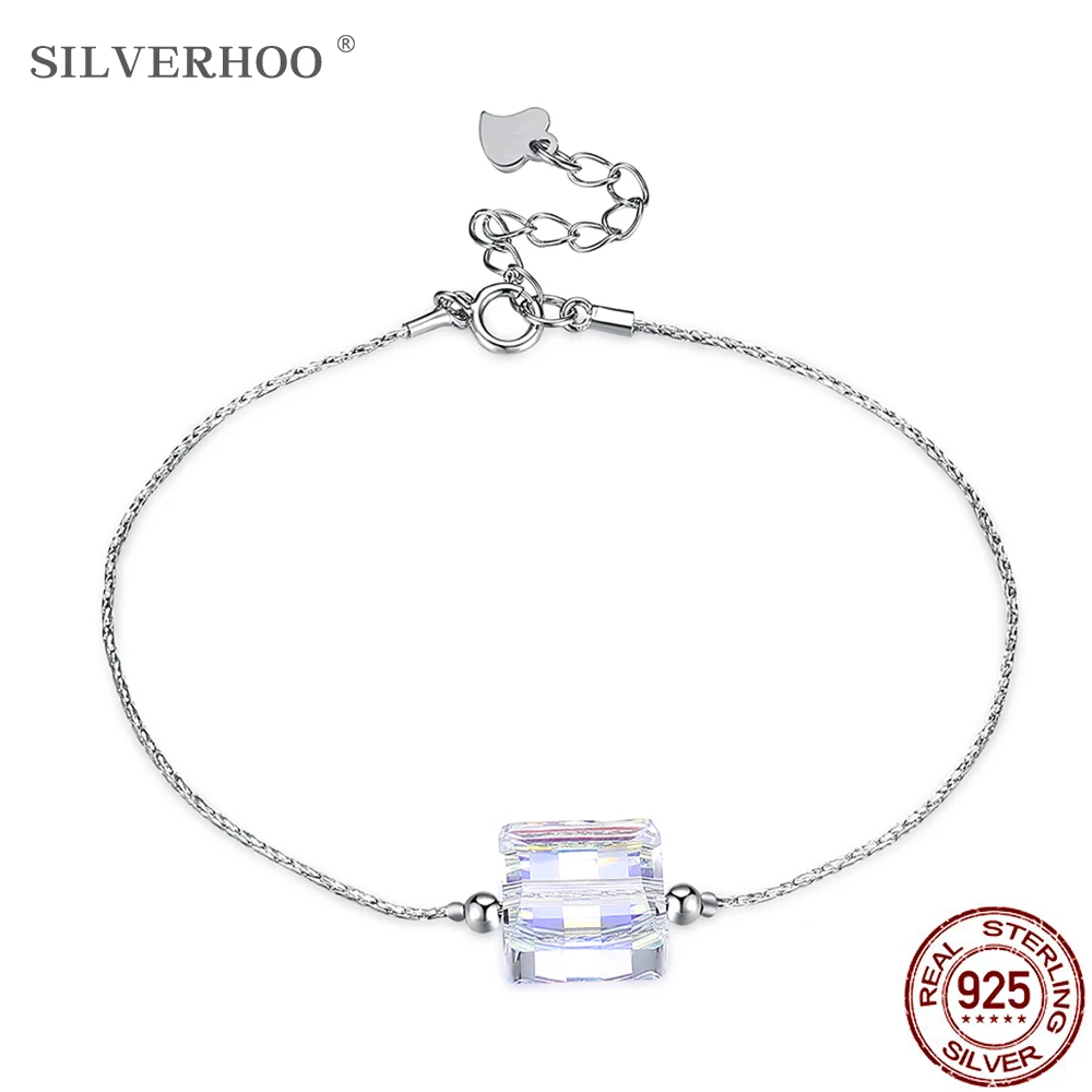 

SILVERHOO 925 Sterling Silver Bracelet Bangle For Women Inlaid Square Austria Crystal Thin Bracelets Fine Jewelry Hot Sale Gift