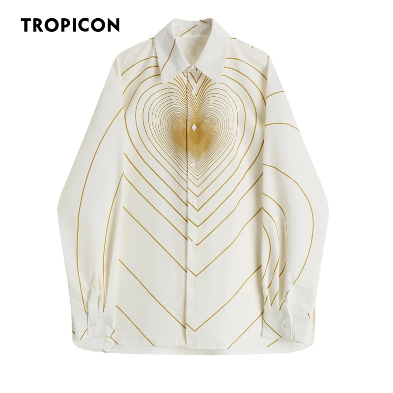 

TROPICON Designer Heart Gold Print Aesthetic Shirt For Women Long Sleeve Top Button Up White Collared Shirt Blouse Autumn 2021