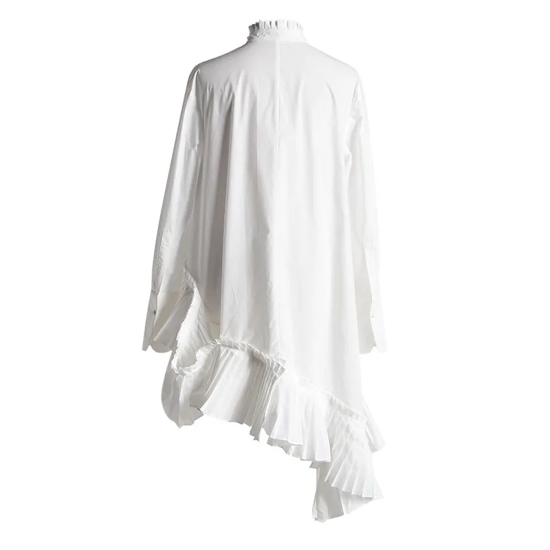 

DEAT 2021 new summer fashion turn-down collar full sleeves pleated asymmetrical single breasted shirt cotton blouse