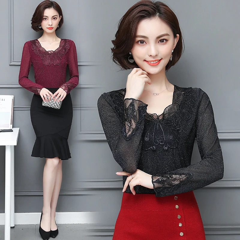 

Dingaozlz M-4XL 2019 Autumn New Butterfly Lace T shirt Plus size Women clothing Casual Long sleeve shirt Diamond Tops