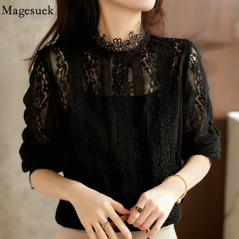 

Spring Sweet Lace Blouse Women Stand Collar Elegant Party Blouses Crochet Lace Shirts Hollow Out Long Sleeve Top Female 18329