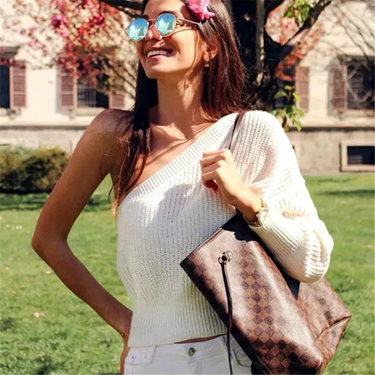 Сексуальный вязаный свитер Darlingaga с косым воротником женские Асимметричные