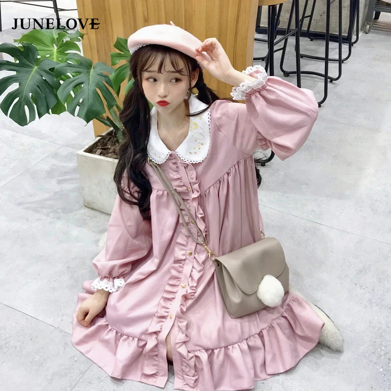 

JuneLove Lace Embroidery Doll Dress Women Dress Japanese Harajuku Ulzzang Female Korean Kawaii Cute Clothing Lolita For Women