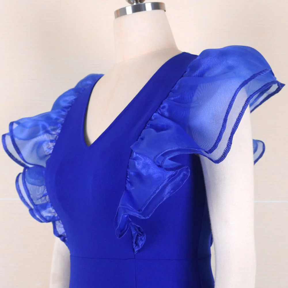 

Summer 2021 Europe America V-neck Sleeveless Splicing Net Yarn Ruffle Solid Color High Waist Women's Fashion Casual Dress