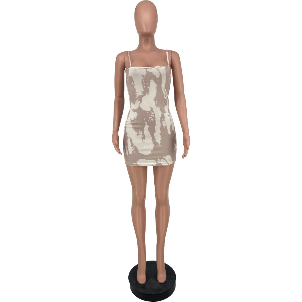 

Spaghetti Strap Sleeveless Sexy Sheath Dress Woman Fashion Tie Dye Print Backless Pencil Dress Streetwear Wrap Chest Mini Dress