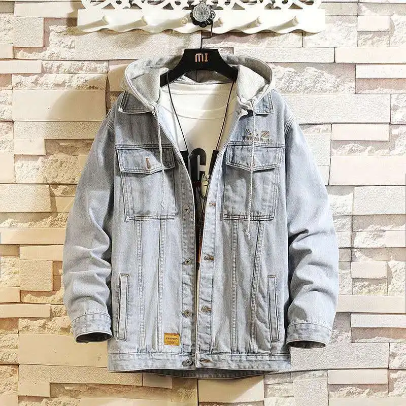 

Men Full Sleeve Demin Hooded Jacker Spring And Autumn Outwear And Solid Color Causal Style Overcoats