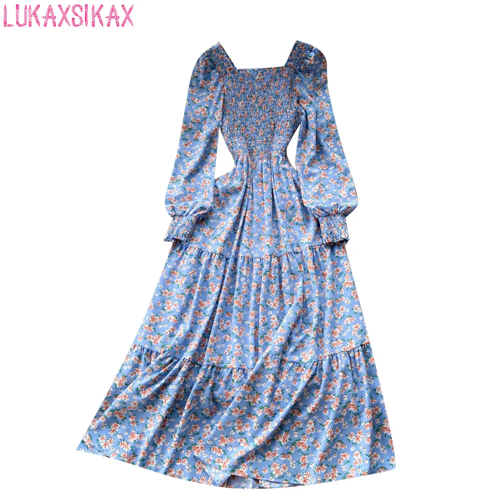 

LUKAXSIKAX New Spring Autumn Women Square Collar Long Sleeve Elastic Slim Long Dress Sweet Big Hem Floral Dress