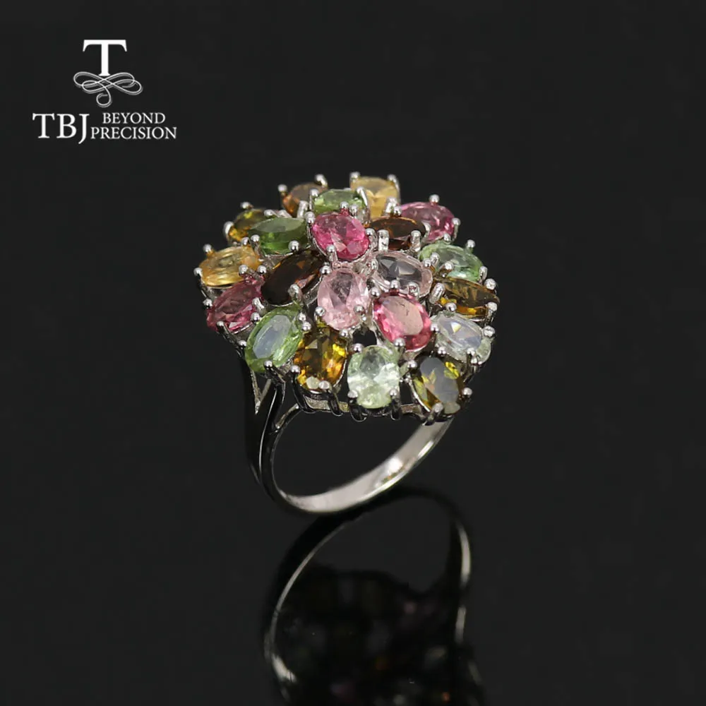 Натуральное многоцветное кольцо с турмалином из стерлингового серебра 925 пробы