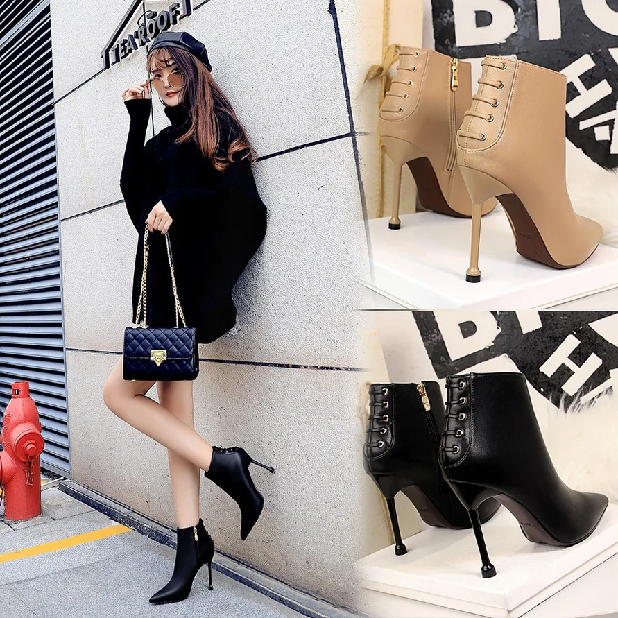 

Top quality New Women Boots Ankle PU Leather Zipper Booties High Heels Autumn Shoes Black Winter Boots Zapatos De Mujer Pointed