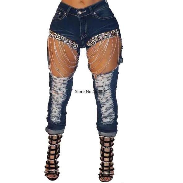 Женские джинсовые брюки с дырками в стиле ретро рваные узкие высокой талией для