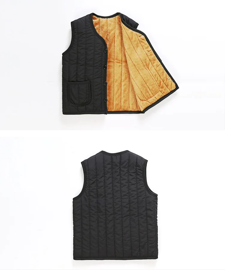 

Winter Warm Vest Men's Sleeveless Solid Plus Velvet V-neck Pocket Decor Quality Fit Feather Old Man Jacket Casual Male Coat