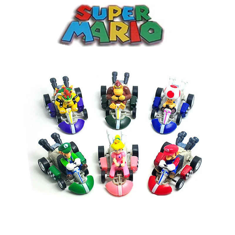 6Pcs/Set Anime MINISuper Mario Luigi Koopa Donkey Kong Yoshi Mushroom Princess Peach Bowser Kart Martin Pull Back Car Figure Toy