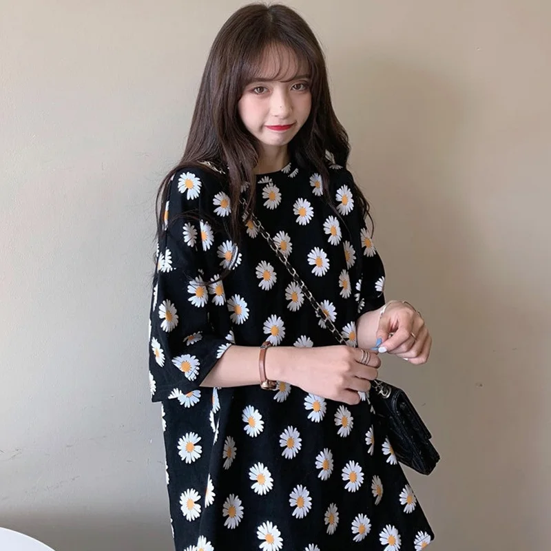 Harajuku Short Sleeve Women'S T-Shirt 2021 Summer Clothes For Girls Korean Style Oversized Flowers Print Top Female топы