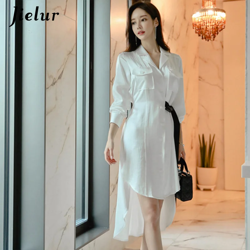 Jielur женское платье белое длинный рукав рубашка платья Весна новинка сплошной