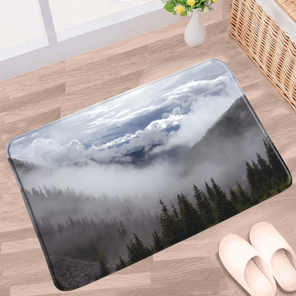 

Misty Forest Bathroom Mat Chinese Style Ink Painting Scenery Mountain Tree Water Bird Non-Slip Rugs Bedroom Kitchen Aisle Carpet
