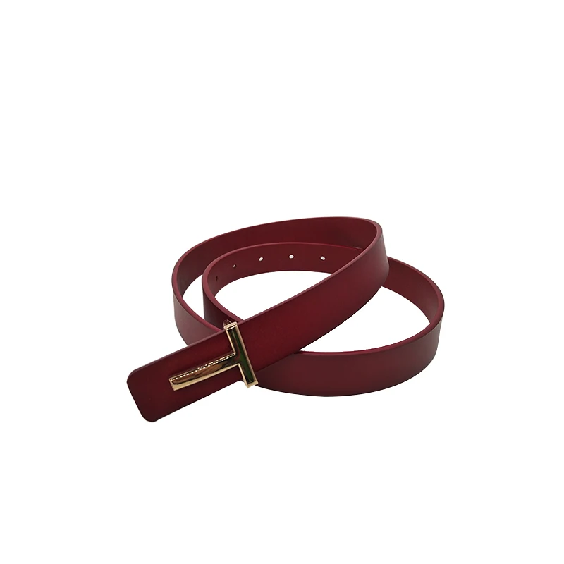 

2021 New Fashion 2.5cm Wide Metal Letter T Buckle Thin Belt Wild Women Leather Black Brown Red Waistband Female Dress