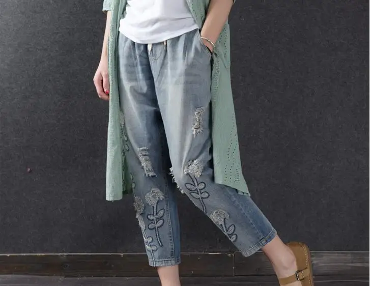 Джинсы больших размеров женские уличные модные бойфренда с вышивкой шаровары
