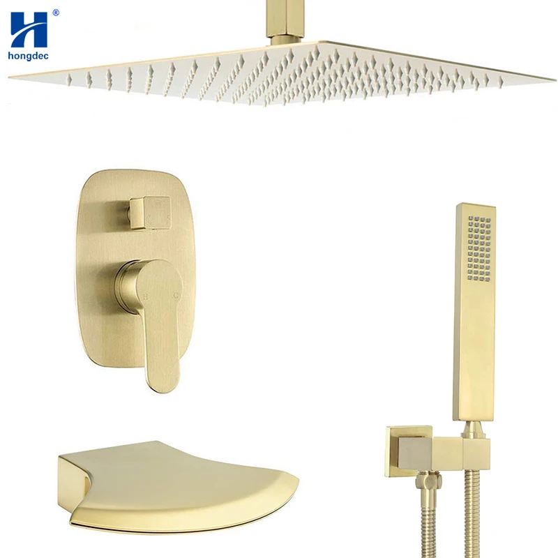 

Hongdec Ceiling Mounted Brushed Gold 12 Inch Rainfall Shower System Set With Handheld Shower Head And Waterfall Spout Tub