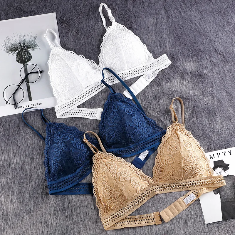 

Ladies Lace Sexy Bra Beautiful Back Gather Comfortable Breathable Bralette No Undwire Elastic Strap V-shaped Solid Triangle Cups