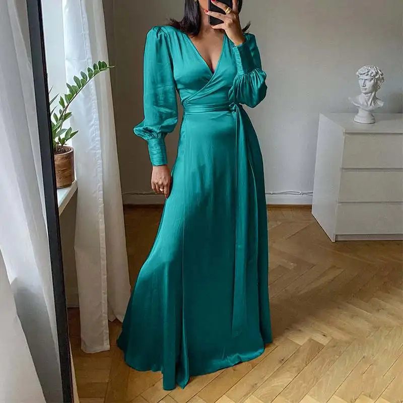 

Elegant Satin Slik Dress 2022 VONDA Women Sexy V Neck Party Long Maxi Dress Beach Puff Sleeve Sundress Robe Longue Vestido Femme