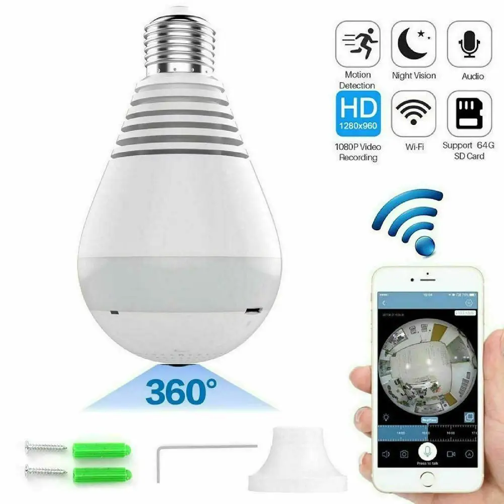 DishyKooker HD 360 панорамный Скрытая Wi Fi IP Камера Светильник лампы охранных