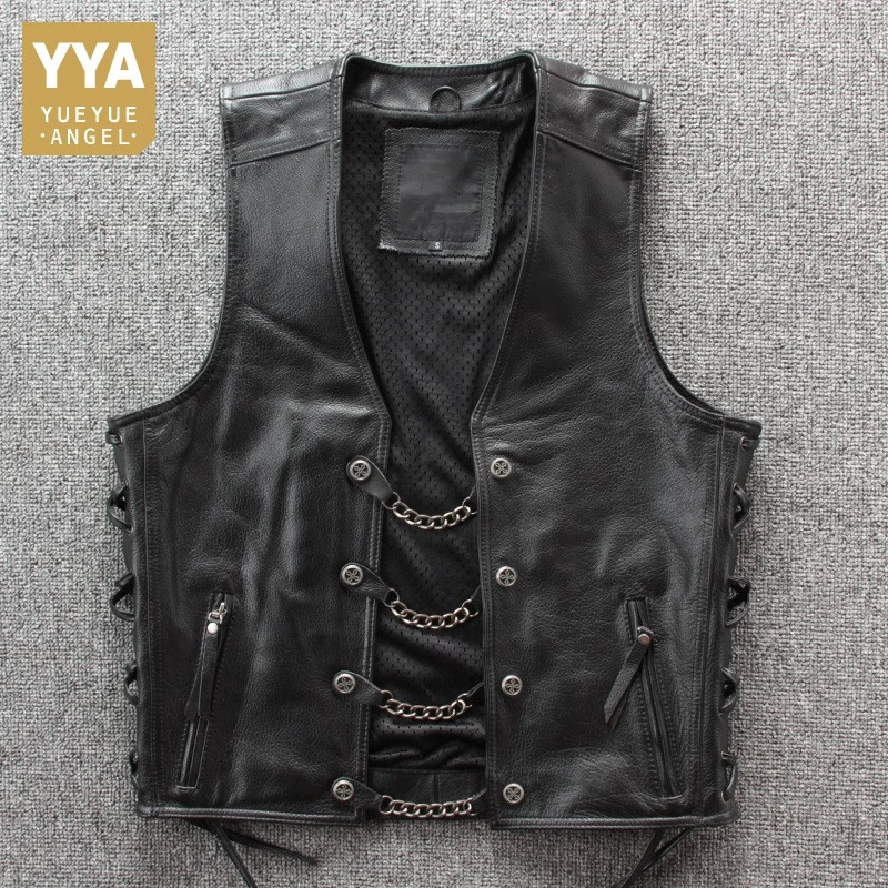 

Жилет мужской Байкерский из натуральной кожи, модный однотонный черный безрукавка в стиле панк, однобортный приталенный силуэт, пальто, 2021