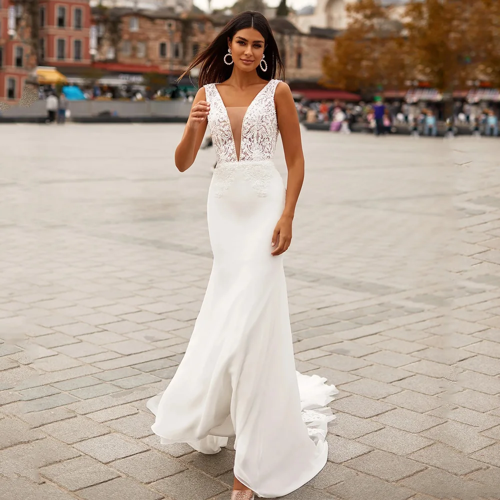 

New Arrival Mermaid Wedding Dress for Bride Dresses V Neck Sleeveless Beading Applqiue Long Train Chiffon Bridal Gowns