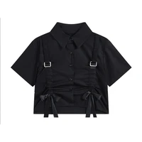 2022 gothic drawstring design short shirt women summer fashion new style lapel short sleeve straight black tube blouse femlae