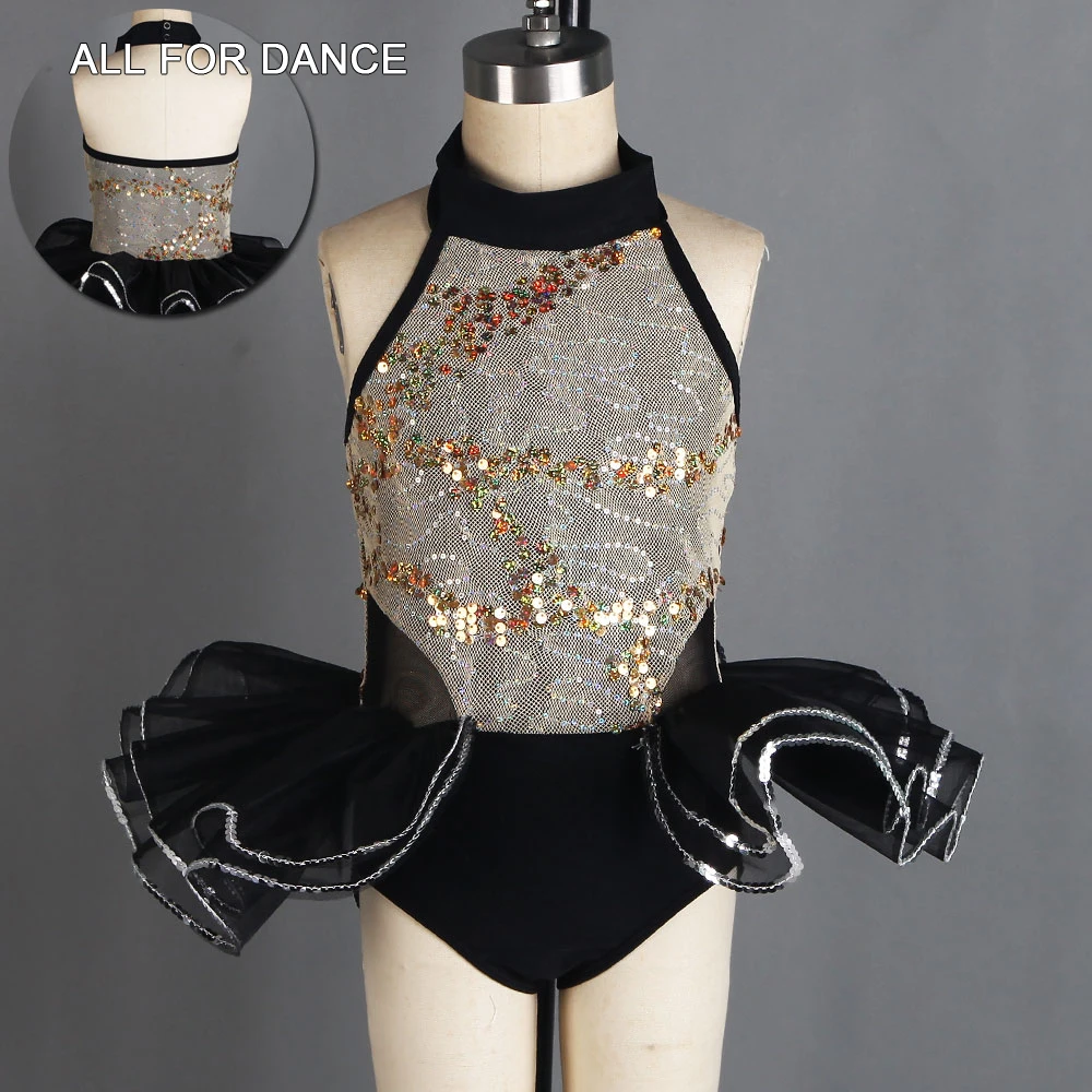 Топ с золотыми блестками и черным спандексом Джаз/танцевальный костюм для