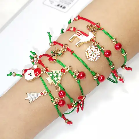 Новогодний браслет с Санта Клаусом, плетеный веревочный браслет для пар, подвесные браслеты с рождественской елкой, украшения, подарки на Н...