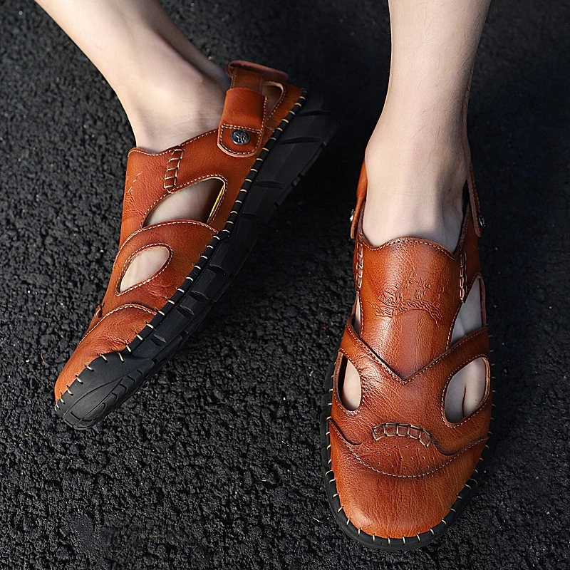 

Golden Sapling Genuine Leather Men's Sandals Breathable Summer Leisure Shoes Fashion Outdoor Beach Flats Vintage Men Casual Shoe