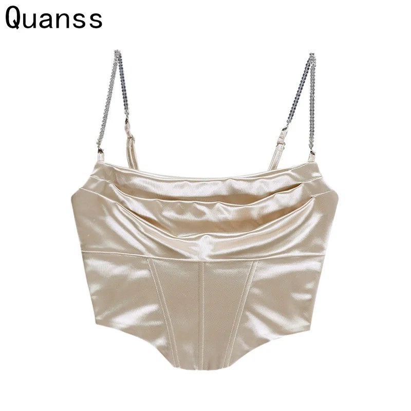 Quanss Crystal Metal Camis Tops Women Sexy Slim Elegant Corset 2021 Summer Strapless Crop Top Ladies Club Satin Tank Bustier